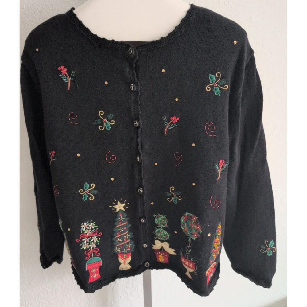 Vintage Womens Heirloom Collectibles Christmas Sweater Black XL Embellished Ugly